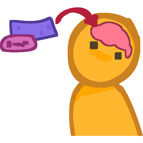 A blue sponge and a pink bar of soap next to eachother. A red arrow to the right of the sponge and soap is pointing to the brain of a yellow guy
